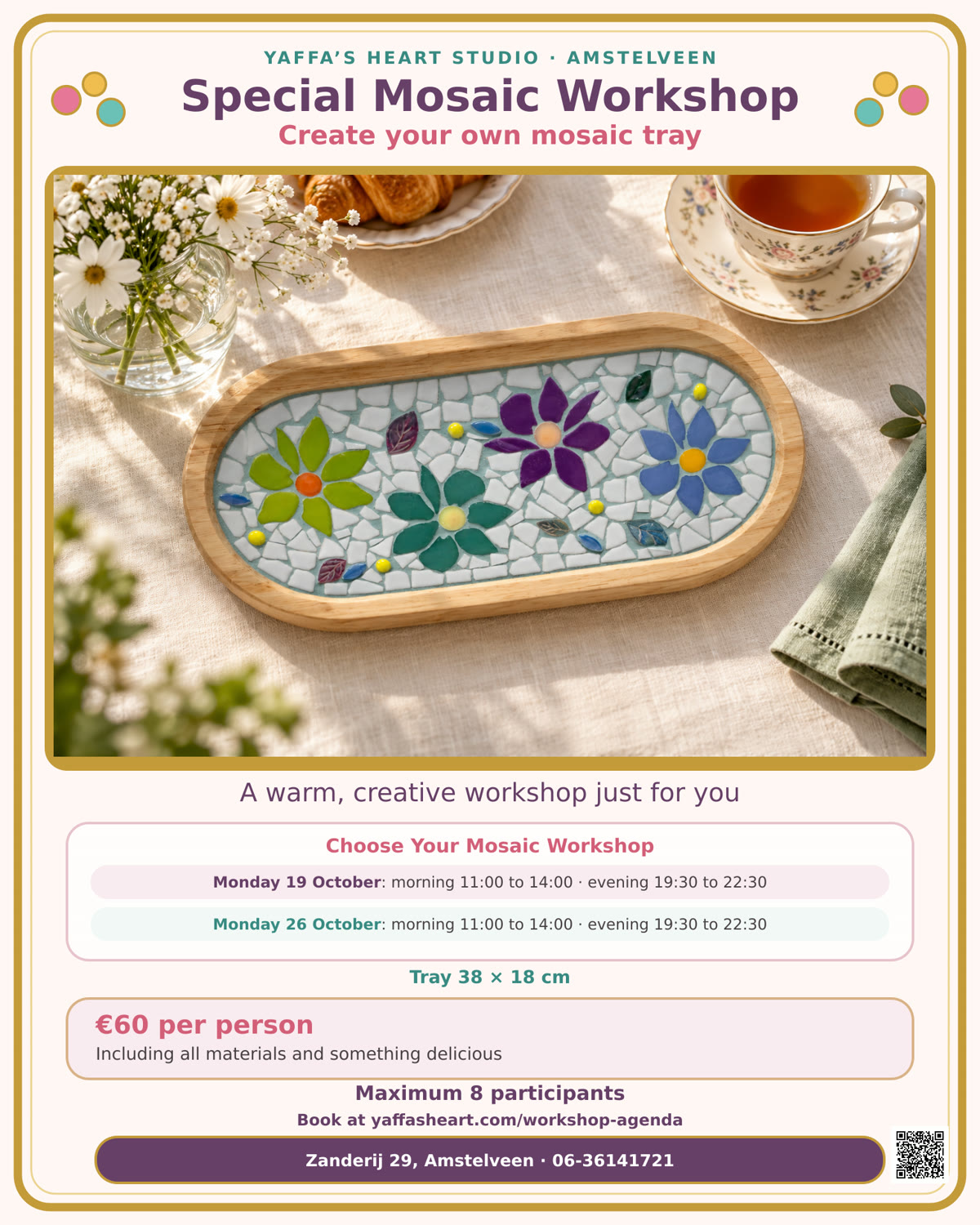 Flyer mosaic workshop: create your own mosaic tray at Yaffa's Heart Studio in Amstelveen