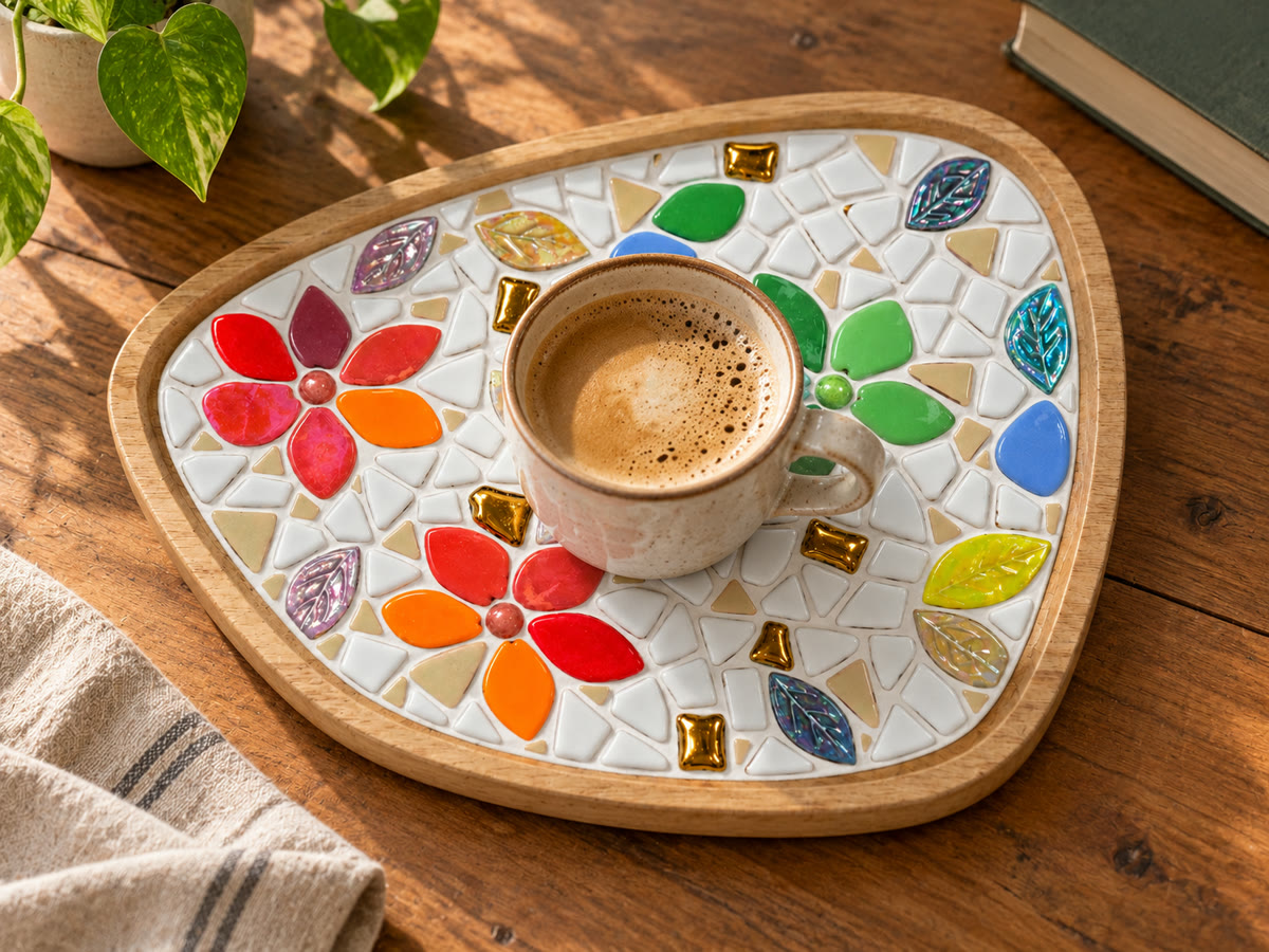 Driehoekig houten dienblad met mozaïek van bloemen en een kopje koffie