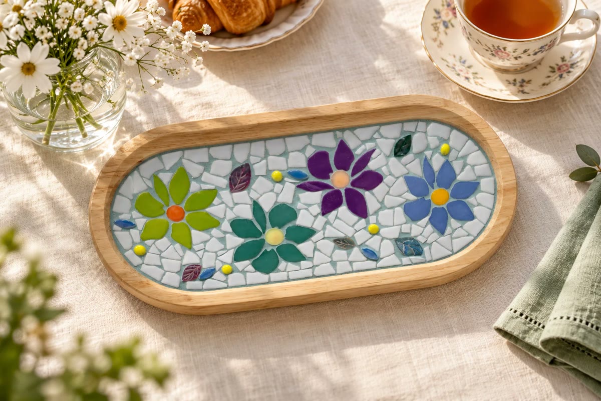 Ovaal houten dienblad met mozaïek van vier bloemen, gemaakt bij Yaffa's Heart Studio