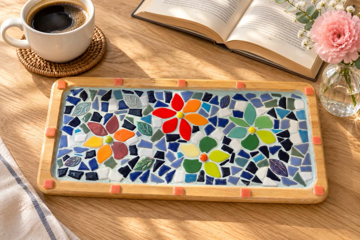 Rechthoekig houten dienblad met mozaïek van kleurige bloemen op een houten tafel